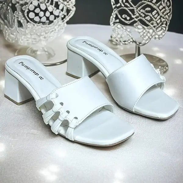 “Bracies White Block Heels PIU_296 in white sofa rexine by PumpItUp”