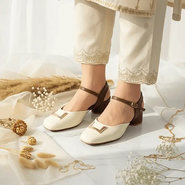 Brown Cream Duo Slingback Block Heel PIU_252 Amarah Rexine ladies shoes PumpItUp.pk