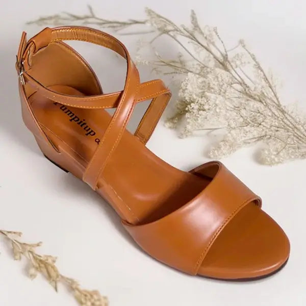Camel Cross Strap Wedge Sandals with Imported Sofa Rexine – PIU_276