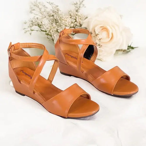 Camel Cross Strap Wedge Sandals with Imported Sofa Rexine – PIU_276