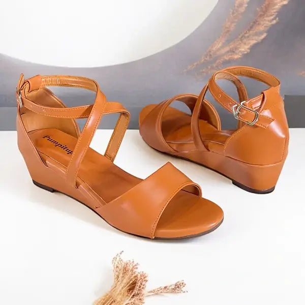 Camel Cross Strap Wedge Sandals with Imported Sofa Rexine – PIU_276