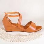 Camel Cross Strap Wedge Sandals with Imported Sofa Rexine – PIU_276