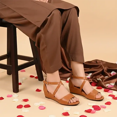Camel Cross Strap Wedge Sandals with Imported Sofa Rexine – PIU_276