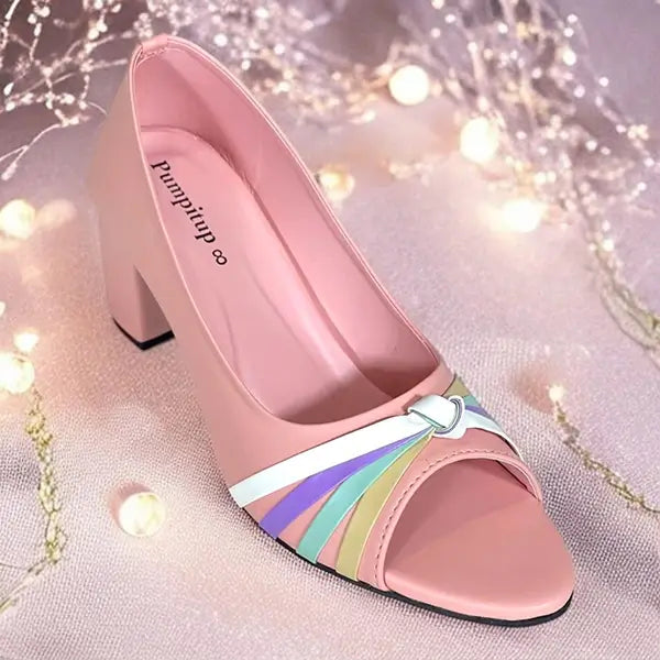 Candy Pink Block Heel Sandals Side View - Sofa Rexine - PIU_278 | PumpItUp
