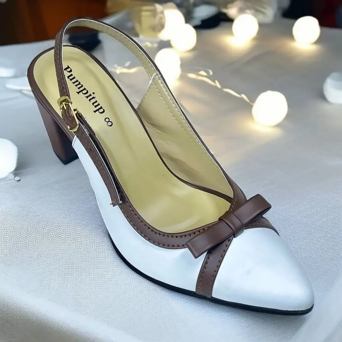 PumpItUp Choco-Vanilla Bow Block Heels PIU_301 with vanilla uppers, chocolate-brown bows, buckle slingback straps and 3-inch block heels.