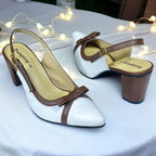 PumpItUp Choco-Vanilla Bow Block Heels PIU_301 with vanilla uppers, chocolate-brown bows, buckle slingback straps and 3-inch block heels.