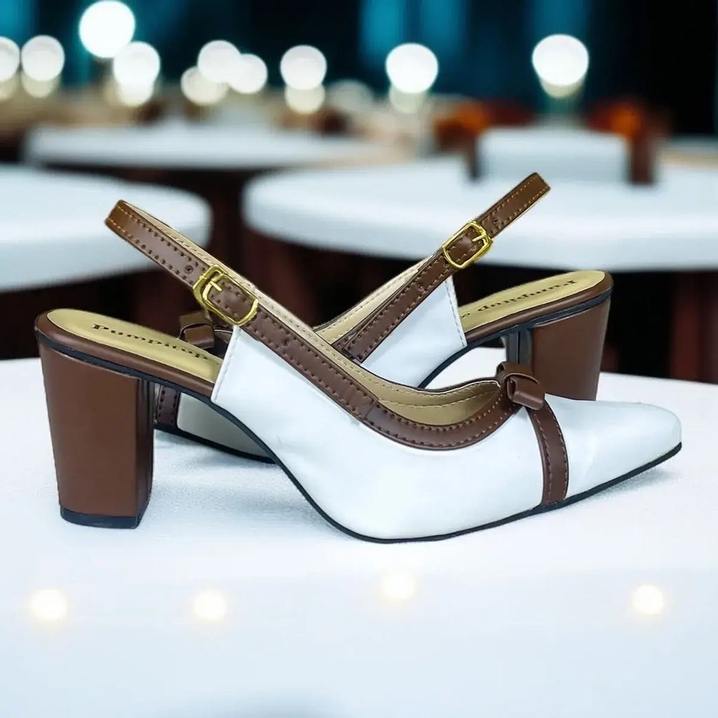 PumpItUp Choco-Vanilla Bow Block Heels PIU_301 with vanilla uppers, chocolate-brown bows, buckle slingback straps and 3-inch block heels.