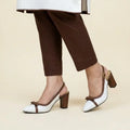 PumpItUp Choco-Vanilla Bow Block Heels PIU_301 with vanilla uppers, chocolate-brown bows, buckle slingback straps and 3-inch block heels.