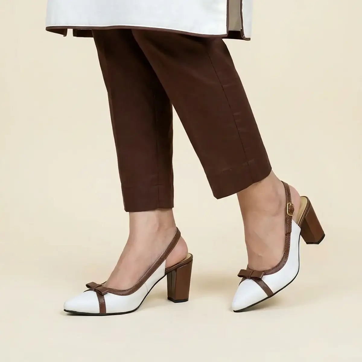 PumpItUp Choco-Vanilla Bow Block Heels PIU_301 with vanilla uppers, chocolate-brown bows, buckle slingback straps and 3-inch block heels.