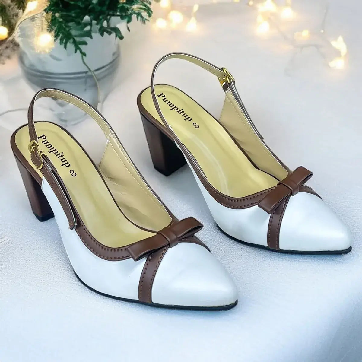 PumpItUp Choco-Vanilla Bow Block Heels PIU_301 with vanilla uppers, chocolate-brown bows, buckle slingback straps and 3-inch block heels.