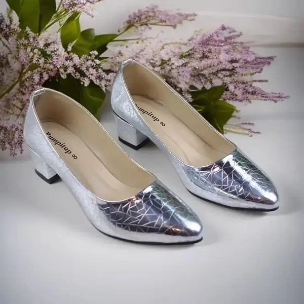 Chrome Charm Block Heel Pump PIU_207 patent rexine ladies shoes PumpItUp.pk