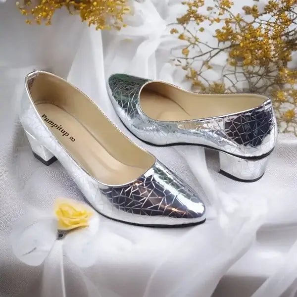 Chrome Charm Block Heel Pump PIU_207 patent rexine ladies shoes PumpItUp.pk