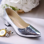 Chrome Charm Block Heel Pump PIU_207 patent rexine ladies shoes PumpItUp.pk