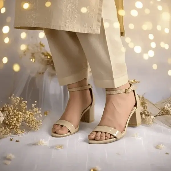 Cream Blond Yaro Block Heel Sandal PIU_170 patent rexine ladies shoes PumpItUp.pk