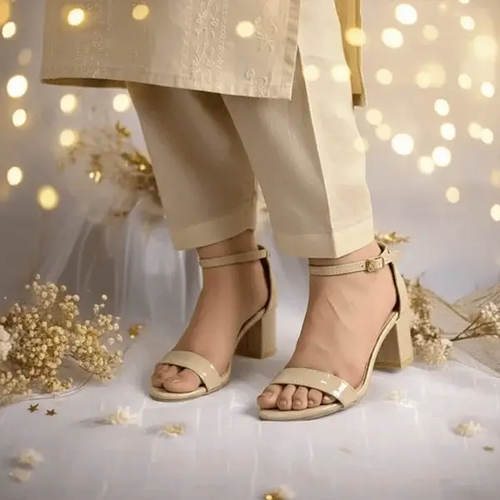 Cream Blond Yaro Block Heel Sandal PIU_170 patent rexine ladies shoes PumpItUp.pk
