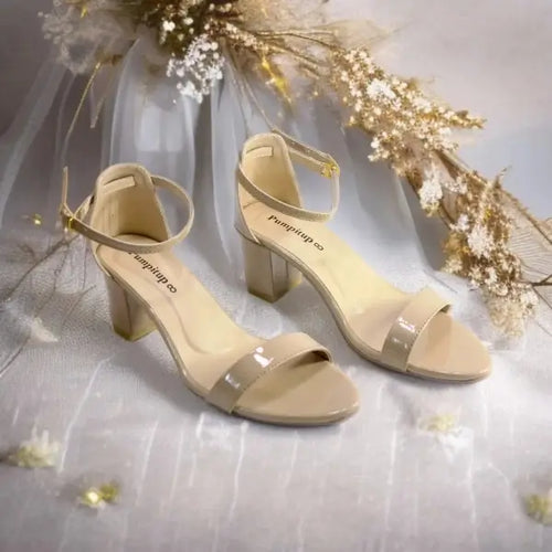Cream Blond Yaro Block Heel Sandal PIU_170 patent rexine ladies shoes PumpItUp.pk