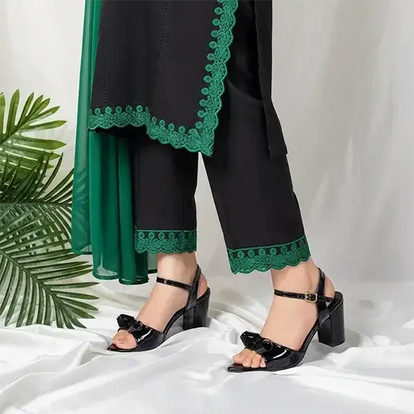 Crystal Black Bow Block Heel Sandal PIU_269 PIU_269 patent rexine ladies shoes PumpItUp.pk