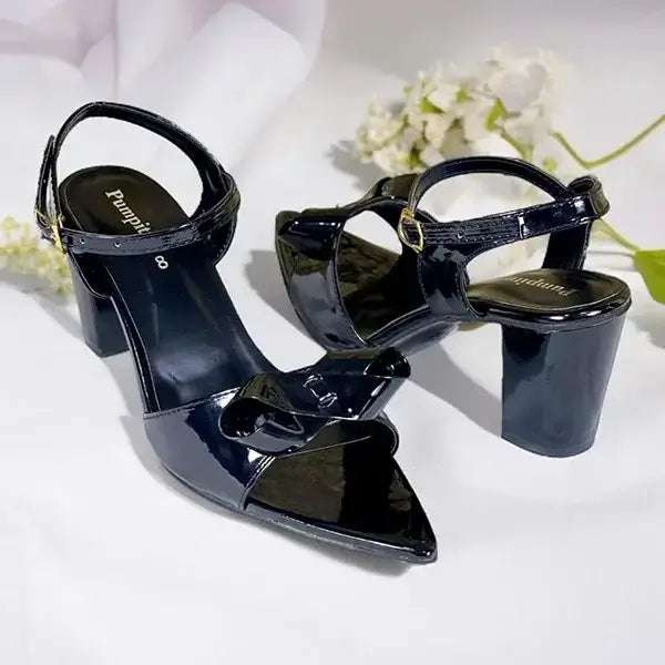 Crystal Black Bow Block Heel Sandal PIU_269 PIU_269 patent rexine ladies shoes PumpItUp.pk