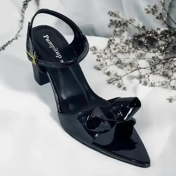 Crystal Black Bow Block Heel Sandal PIU_269 PIU_269 patent rexine ladies shoes PumpItUp.pk