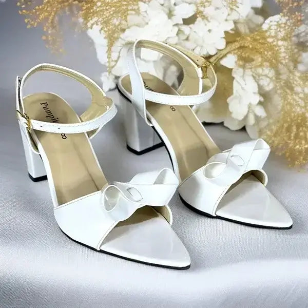 Crystal White Bow Block Heel Sandal PIU_270 PIU_270 patent rexine ladies shoes PumpItUp.pk