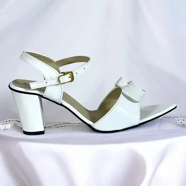 Crystal White Bow Block Heel Sandal PIU_270 PIU_270 patent rexine ladies shoes PumpItUp.pk