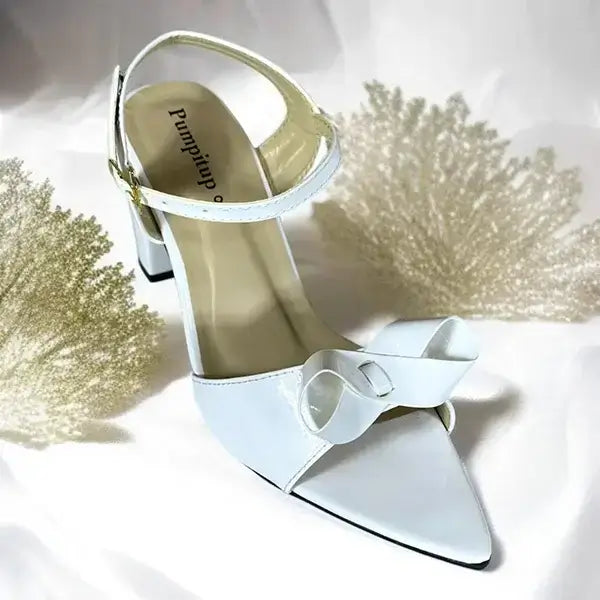 Crystal White Bow Block Heel Sandal PIU_270 PIU_270 patent rexine ladies shoes PumpItUp.pk