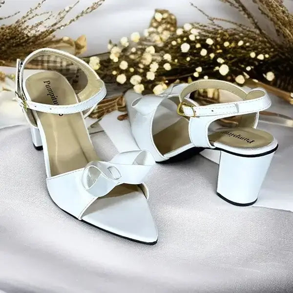 Crystal White Bow Block Heel Sandal PIU_270 PIU_270 patent rexine ladies shoes PumpItUp.pk