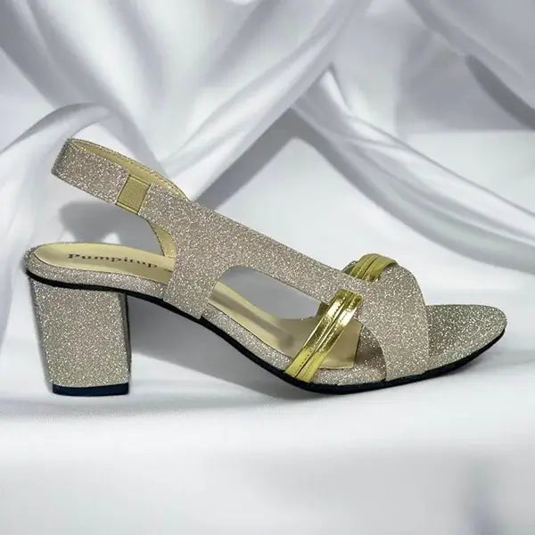 Dazzling Gold Glow Block Heel Sandal PIU_267 PIU_267 shiny rexine ladies shoes PumpItUp.pk