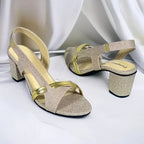 Dazzling Gold Glow Block Heel Sandal PIU_267 PIU_267 shiny rexine ladies shoes PumpItUp.pk