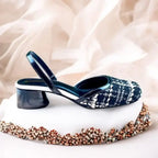 Ecru Black Tweed Texture Slingback PIU_227 bori fabric ladies block heel PumpItUp.pk