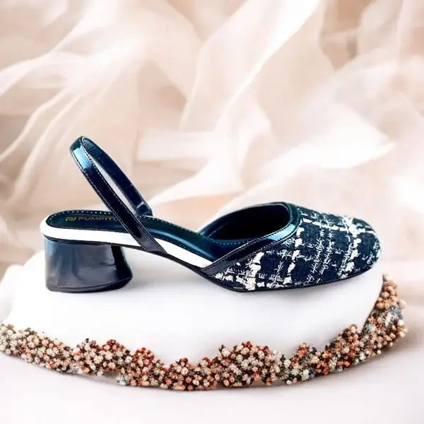 Ecru Black Tweed Texture Slingback PIU_227 bori fabric ladies block heel PumpItUp.pk