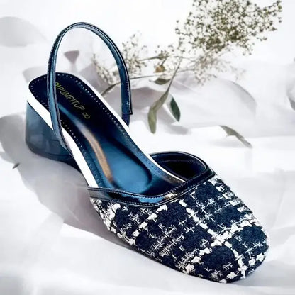 Ecru Black Tweed Texture Slingback PIU_227 bori fabric ladies block heel PumpItUp.pk