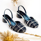 Ecru Black Tweed Texture Slingback PIU_227 bori fabric ladies block heel PumpItUp.pk