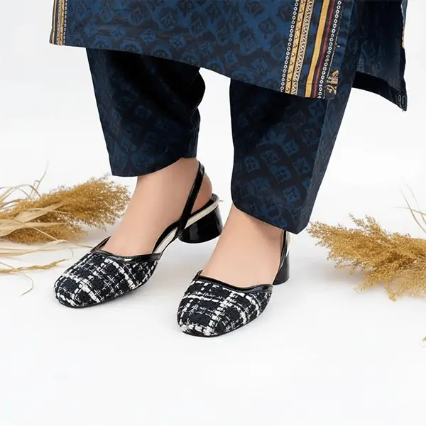 Ecru Black Tweed Texture Slingback Block Heel PIU_227 Bori Fabric ladies shoes PumpItUp.pk