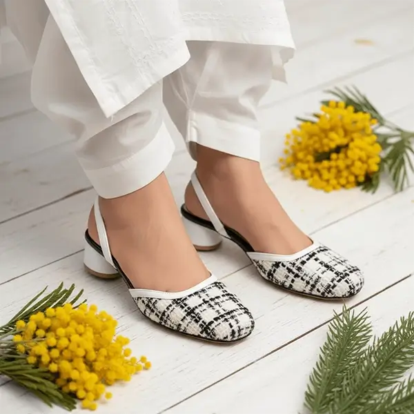 Ecru White Tweed Texture Slingback Block Heel PIU_226 Bori Fabric ladies shoes PumpItUp.pk