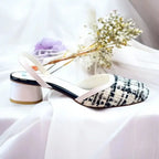 Ecru White Tweed Texture Slingback PIU_226 borí fabric block heel shoes PumpItUp.pk