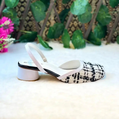 Ecru White Tweed Texture Slingback PIU_226 borí fabric block heel shoes PumpItUp.pk