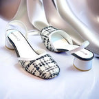 Ecru White Tweed Texture Slingback PIU_226 borí fabric block heel shoes PumpItUp.pk