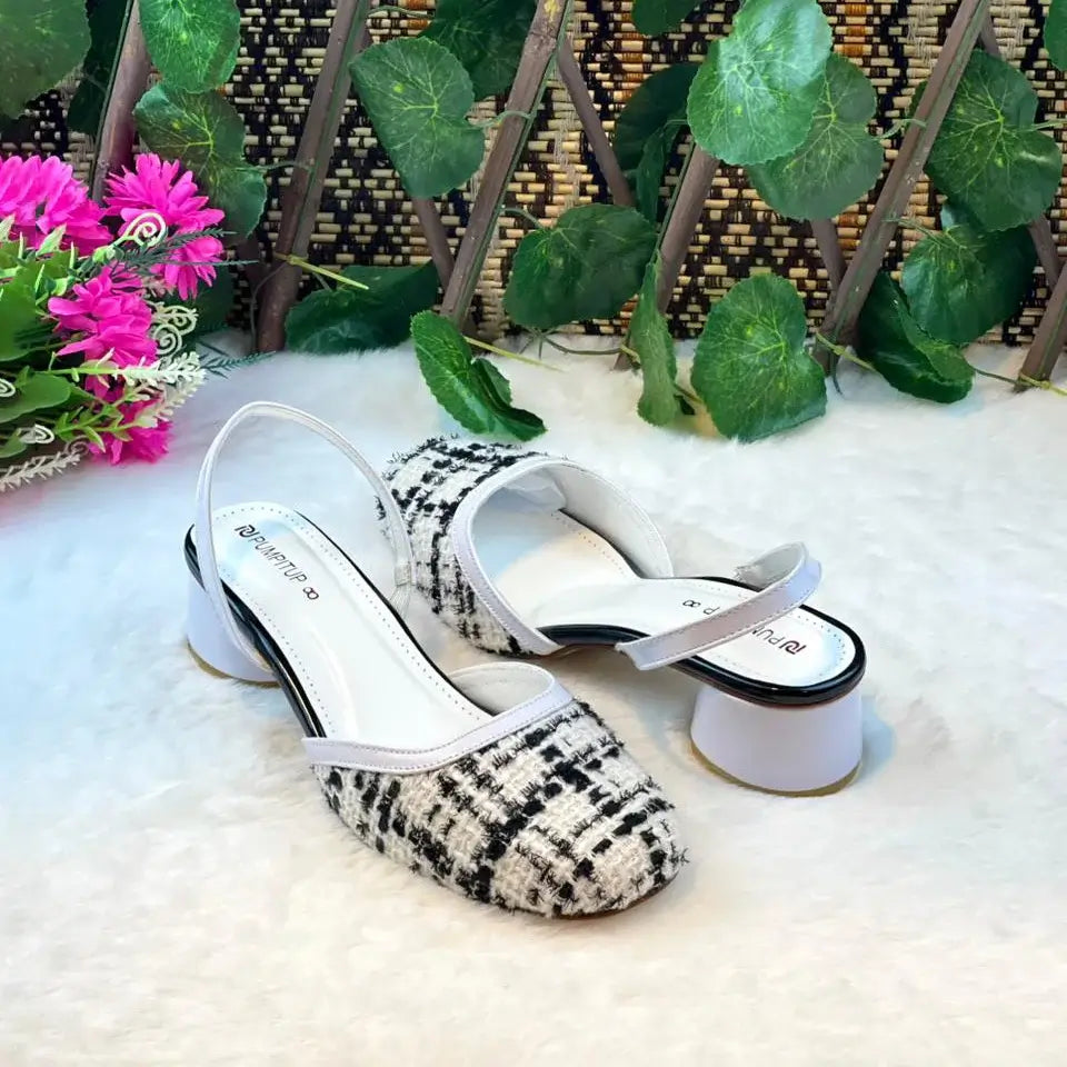 Ecru White Tweed Texture Slingback PIU_226 borí fabric block heel shoes PumpItUp.pk