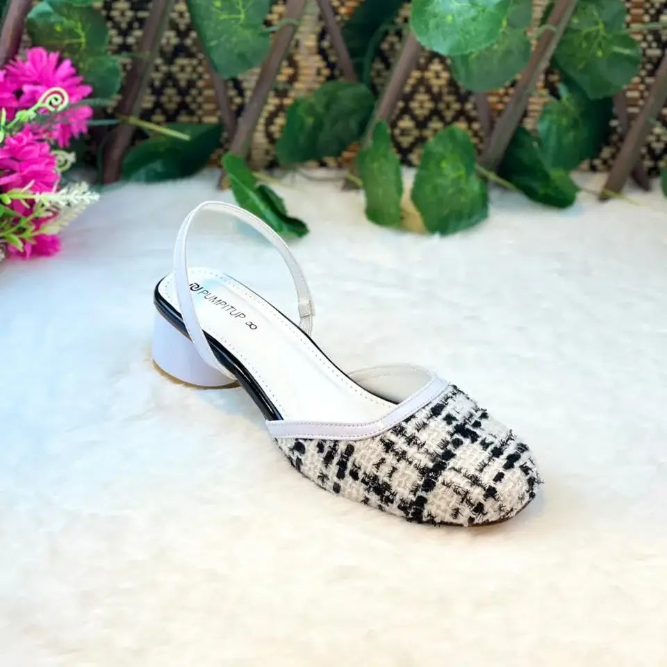 Ecru White Tweed Texture Slingback PIU_226 borí fabric block heel shoes PumpItUp.pk