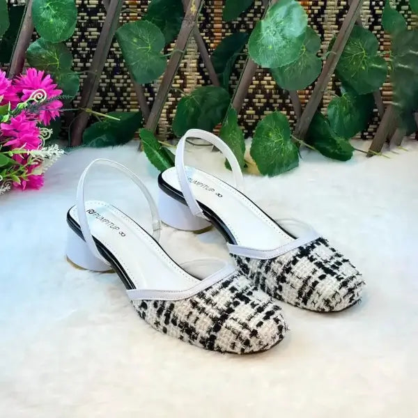 Ecru White Tweed Texture Slingback PIU_226 borí fabric block heel shoes PumpItUp.pk