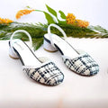 Ecru White Tweed Texture Slingback PIU_226 borí fabric block heel shoes PumpItUp.pk