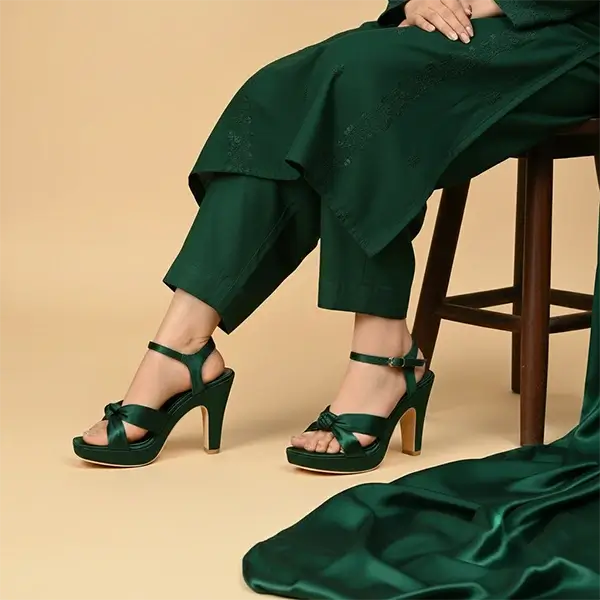 Emerald Green Knot Wedges Heel PIU_274 satin fabric rexine ladies shoes PumpItUp.pk