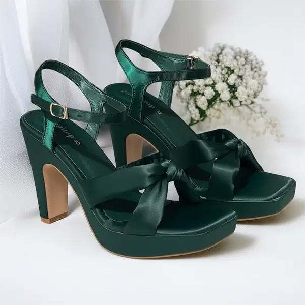 Emerald Green Knot Wedges Heel PIU_274 satin fabric rexine ladies shoes PumpItUp.pk