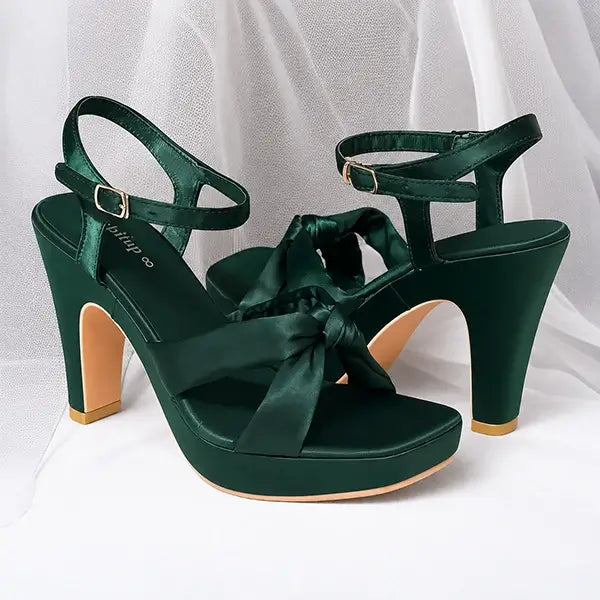 Emerald Green Knot Wedges Heel PIU_274 satin fabric rexine ladies shoes PumpItUp.pk
