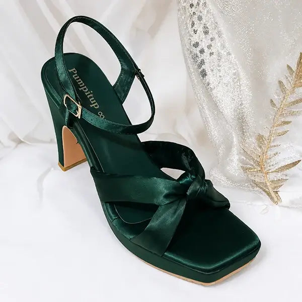 Emerald Green Knot Wedges Heel PIU_274 satin fabric rexine ladies shoes PumpItUp.pk
