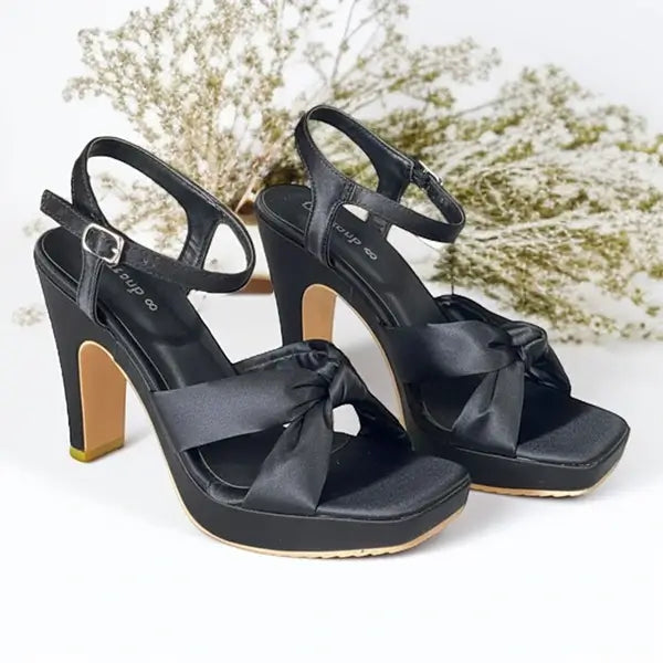 Emerald Black Knot Wedges Heel PIU_273 satin fabric rexine ladies shoes PumpItUp.pk