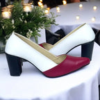 PumpItUp Flamingo Maroon-White Two-Tone Block Heels PIU_299 with pointed toes and 3-inch black block heels.