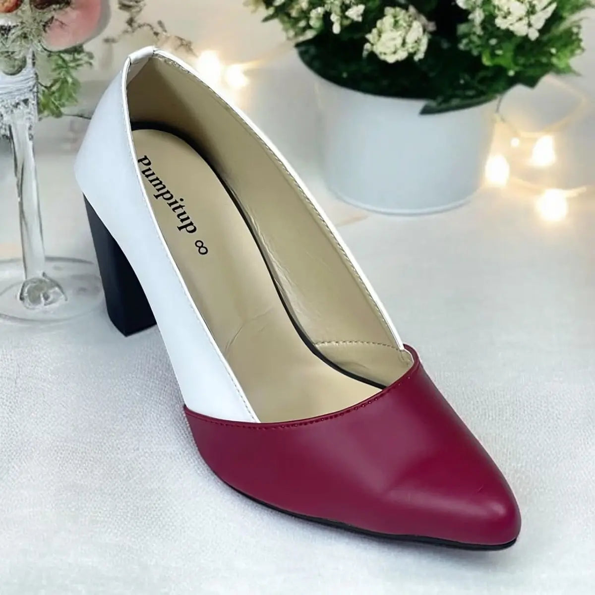 PumpItUp Flamingo Maroon-White Two-Tone Block Heels PIU_299 with pointed toes and 3-inch black block heels.