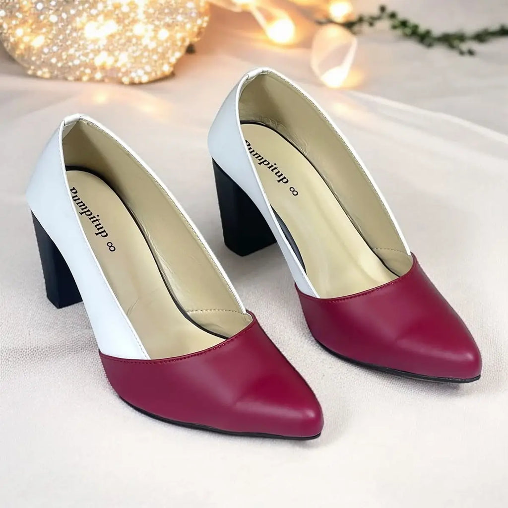 PumpItUp Flamingo Maroon-White Two-Tone Block Heels PIU_299 with pointed toes and 3-inch black block heels.